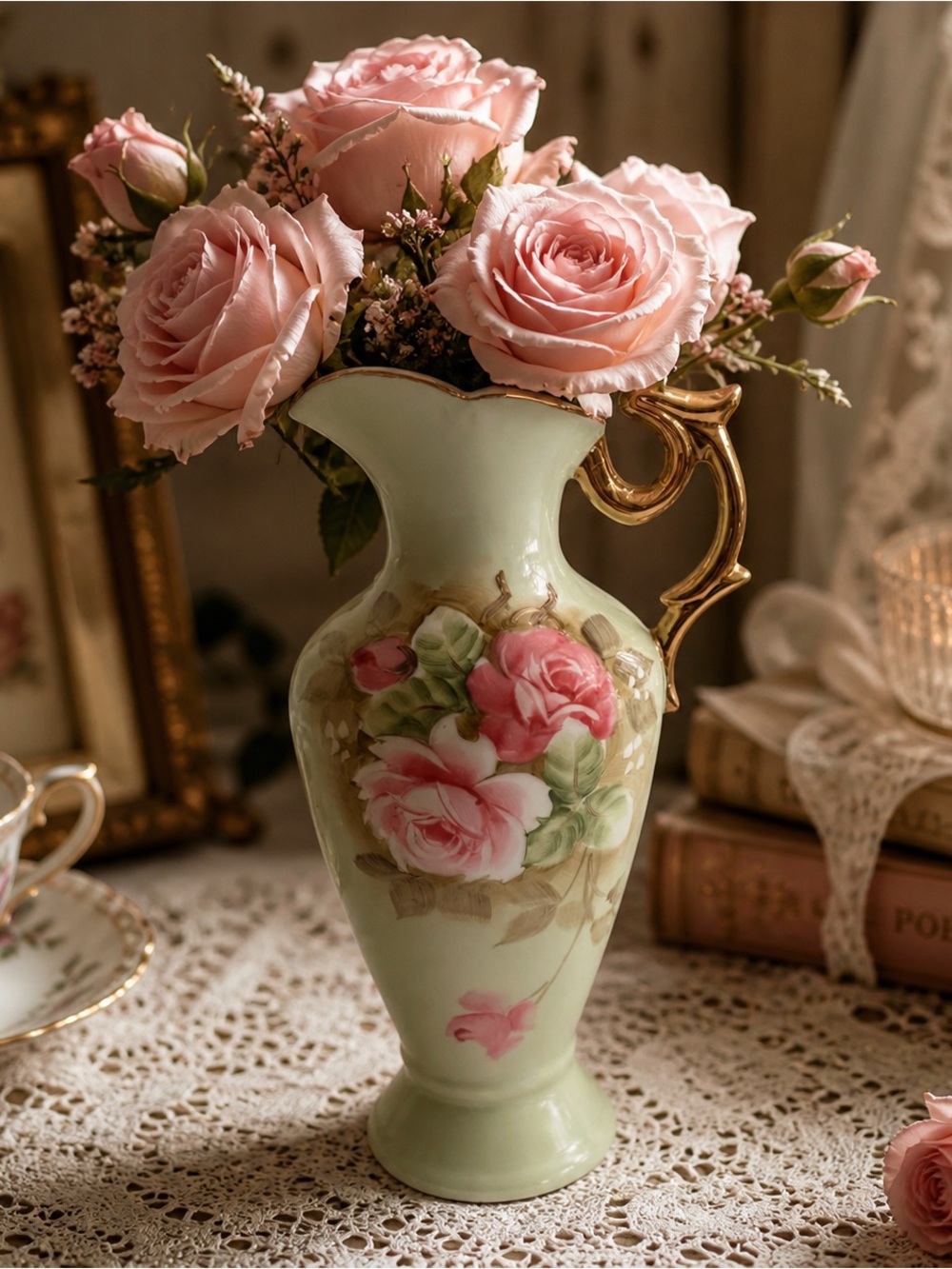 Lefton China Hand Painted Rose Vase Gold Handle Vintage Cottagecore